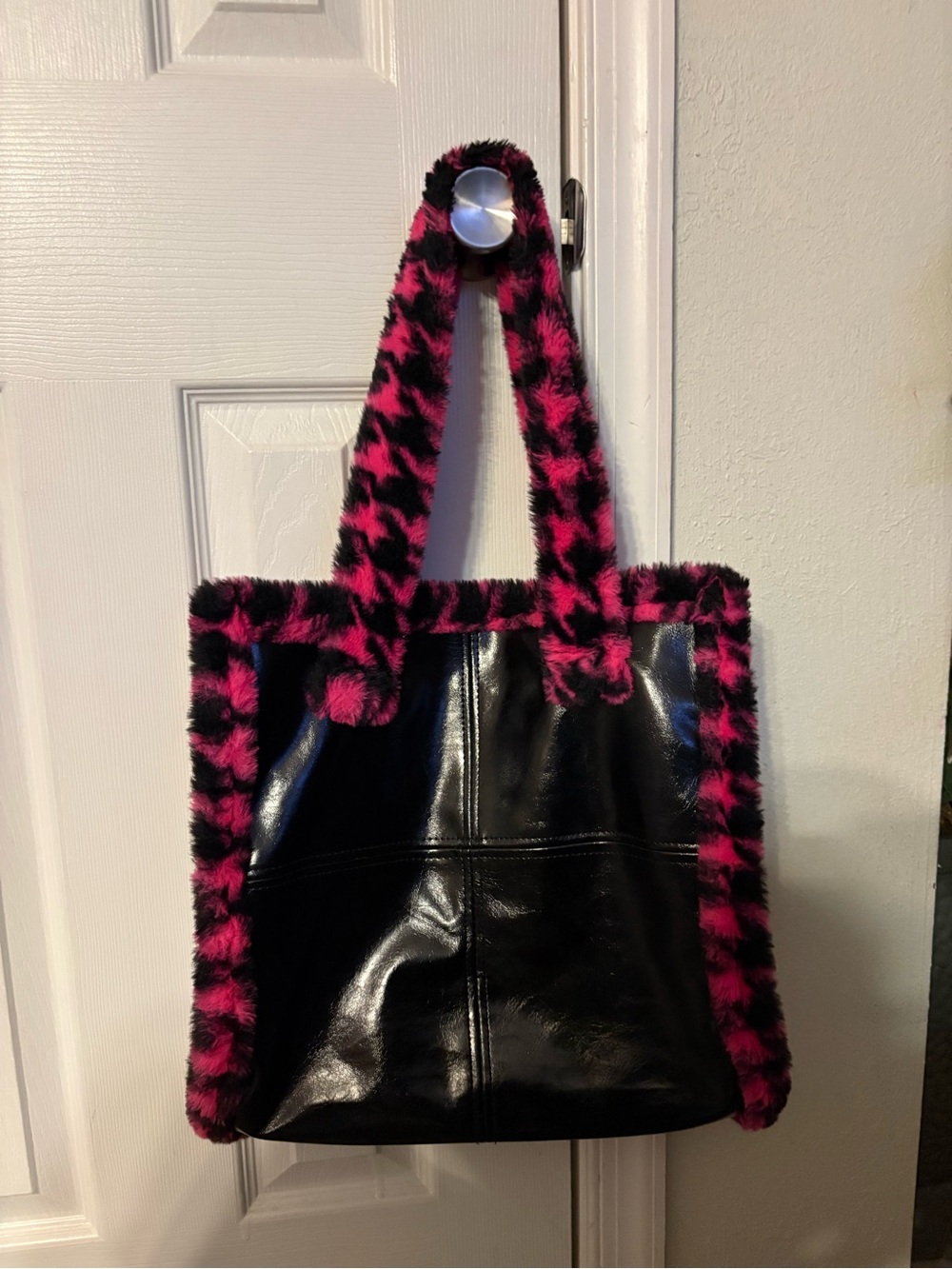 Black Faux Leather Tote with Pink & Black Faux Fur Trim